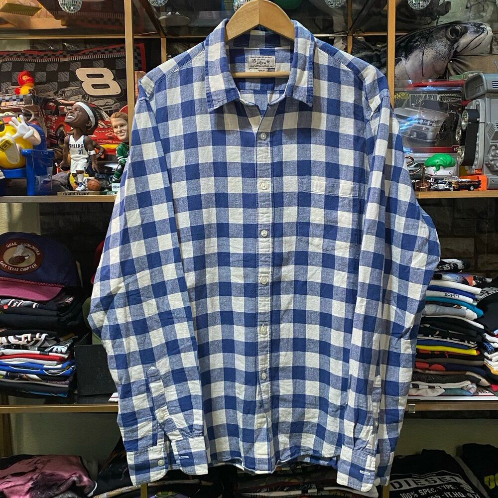 J.Crew Linen Cotton Gingham Check Shirt XL Blue White Button Down Long Sleeve